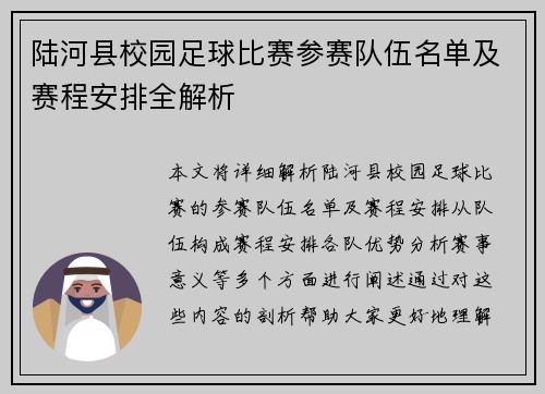 陆河县校园足球比赛参赛队伍名单及赛程安排全解析
