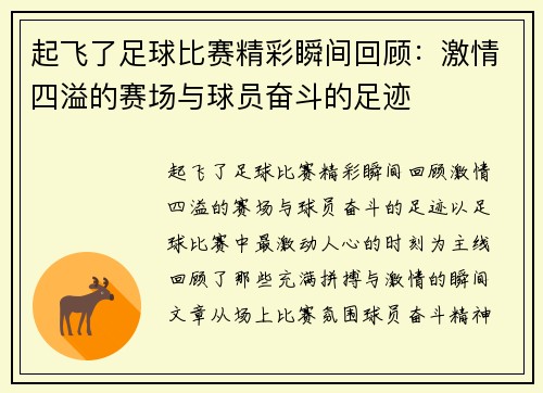起飞了足球比赛精彩瞬间回顾：激情四溢的赛场与球员奋斗的足迹