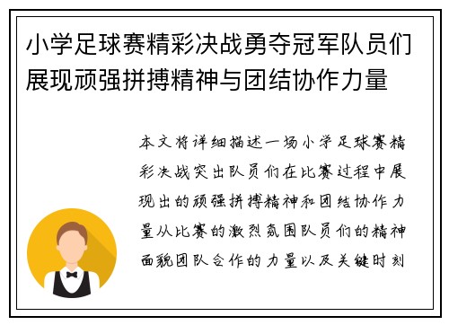 小学足球赛精彩决战勇夺冠军队员们展现顽强拼搏精神与团结协作力量