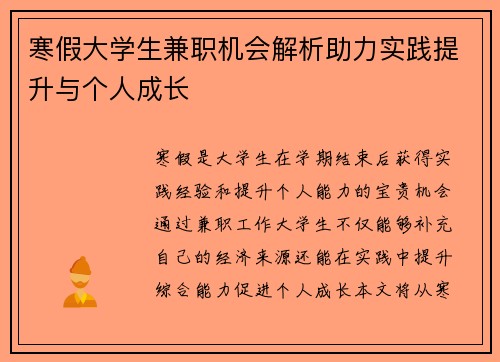 寒假大学生兼职机会解析助力实践提升与个人成长