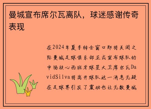 曼城宣布席尔瓦离队，球迷感谢传奇表现