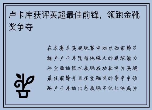 卢卡库获评英超最佳前锋，领跑金靴奖争夺