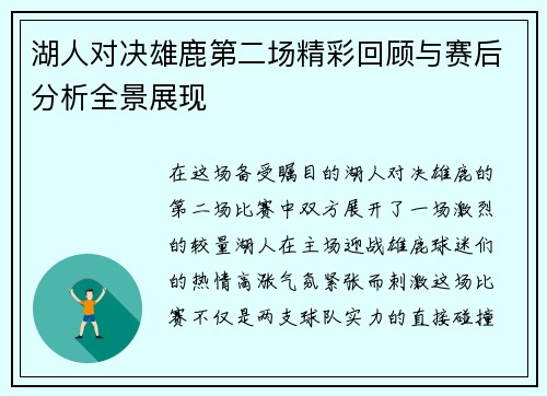 湖人对决雄鹿第二场精彩回顾与赛后分析全景展现