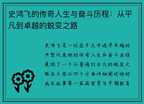 史鸿飞的传奇人生与奋斗历程：从平凡到卓越的蜕变之路