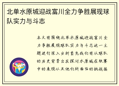 北单水原城迎战富川全力争胜展现球队实力与斗志