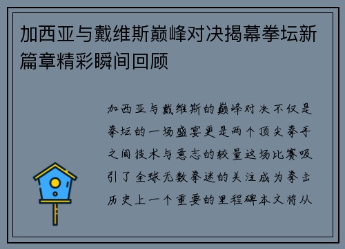 加西亚与戴维斯巅峰对决揭幕拳坛新篇章精彩瞬间回顾
