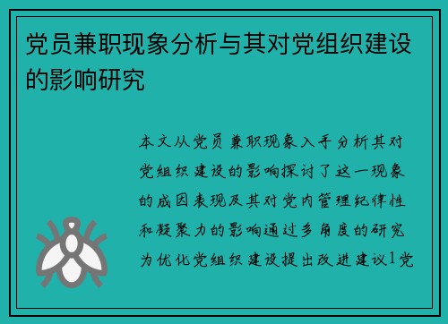 党员兼职现象分析与其对党组织建设的影响研究